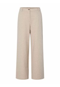 Beige wijde broek gemaakt van zachte stof, met een knoopsluiting en riemlussen, met een gladde textuur en zonder zichtbare patronen.