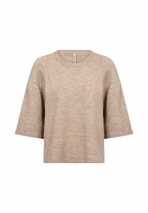 Beige lühikeste varrukatega kudum, millel on lõdva lõikega, ümar kaelus ja raglan varrukad. Pehme tekstuur koos peente värvimuutustega.