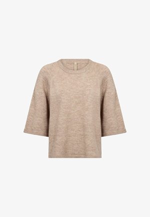 Beige short-sleeve knit top with a relaxed fit, crew neck, and raglan sleeves. Soft texture with subtle variations in color.