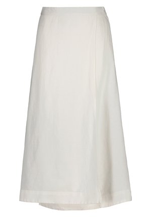 Jupe midi blanche avec une coupe droite, léger détail de superposition et une ceinture lisse.