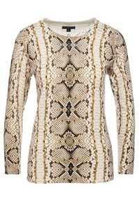 Bluzka z długim rękawem z wzorem skóry węża w beżowych i brązowych odcieniach, z okrągłym dekoltem i fakturowaną tkaniną.