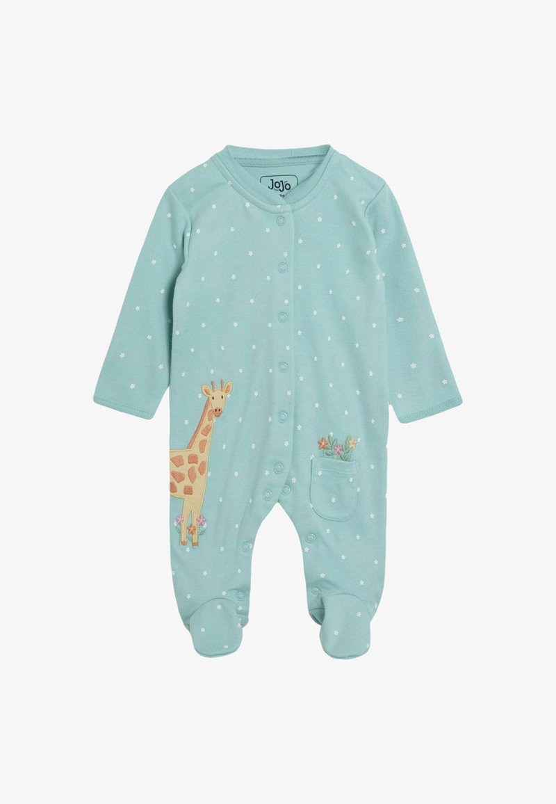 Türkiser Babystrampler mit weißen Punkten; präsentiert ein Giraffendesign und Blumenakzente; mit Druckknopfverschluss und Füßen.