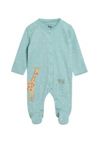 Türkiser Fleece-Babystrampler mit weißen Punkten, mit einem Giraffenmotiv auf dem linken Bein und einer kleinen Tasche mit Blumendetails.