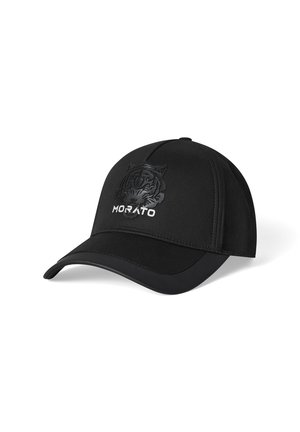 Cappellino da baseball nero con visiera curva, caratterizzato da una texture con il volto di una tigre e la scritta "MORATO" sul pannello frontale.