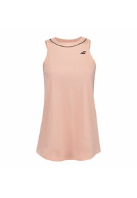 Hellrosa Tanktop aus glattem Stoff mit rundem Ausschnitt. Besitzt einen dünnen schwarzen Akzent am Hals und ein kleines Logo auf der Vorderseite.