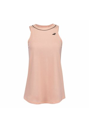 Hellrosa Tanktop aus glattem Stoff mit rundem Ausschnitt. Besitzt einen dünnen schwarzen Akzent am Hals und ein kleines Logo auf der Vorderseite.