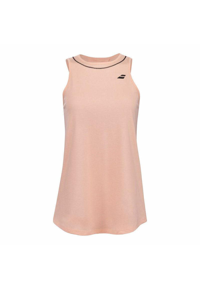 Hellrosa Tanktop aus glattem Stoff mit rundem Ausschnitt. Besitzt einen dünnen schwarzen Akzent am Hals und ein kleines Logo auf der Vorderseite.