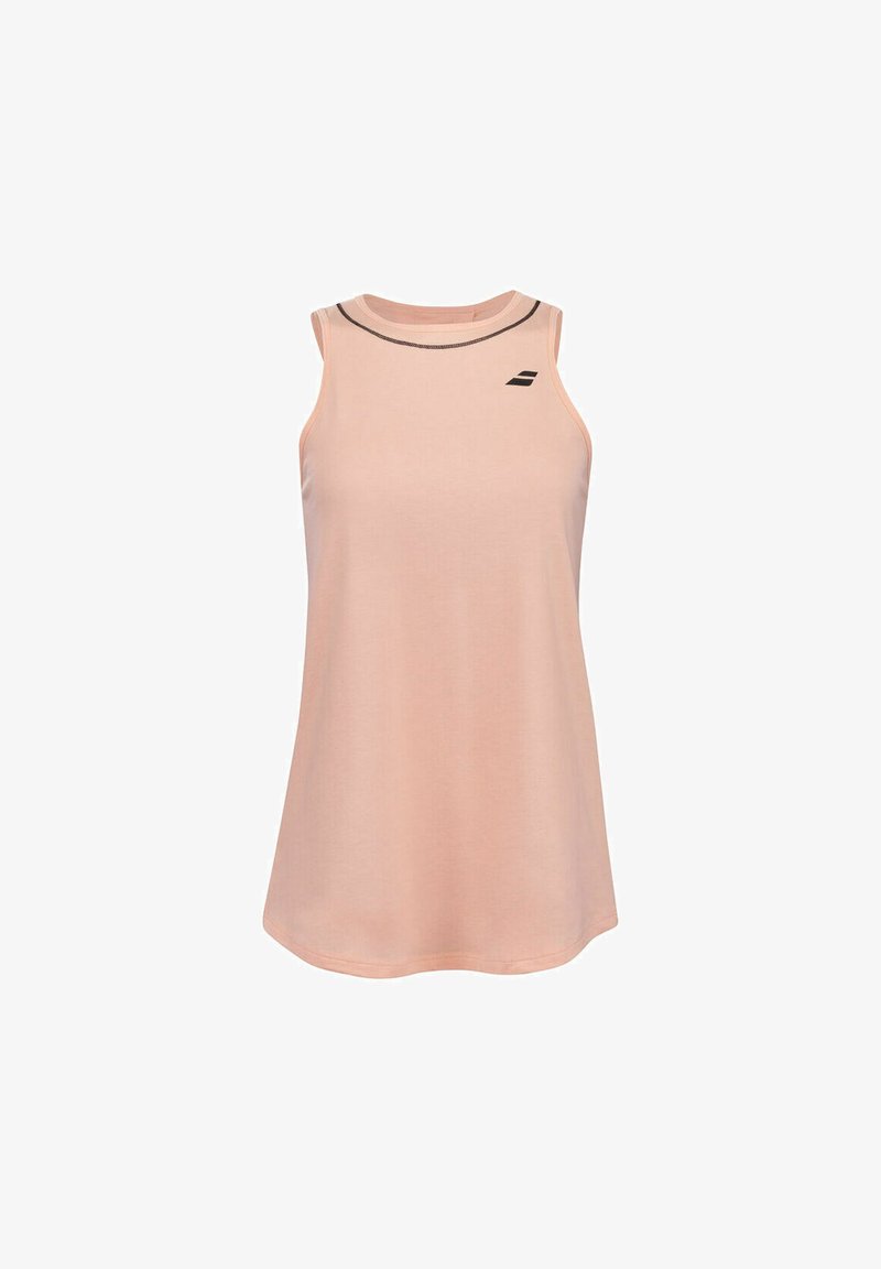 Top de tirantes rosa claro, hecho de una tela suave con escote redondo. Cuenta con un delgado acento negro cerca del cuello y un pequeño logo en la parte frontal.