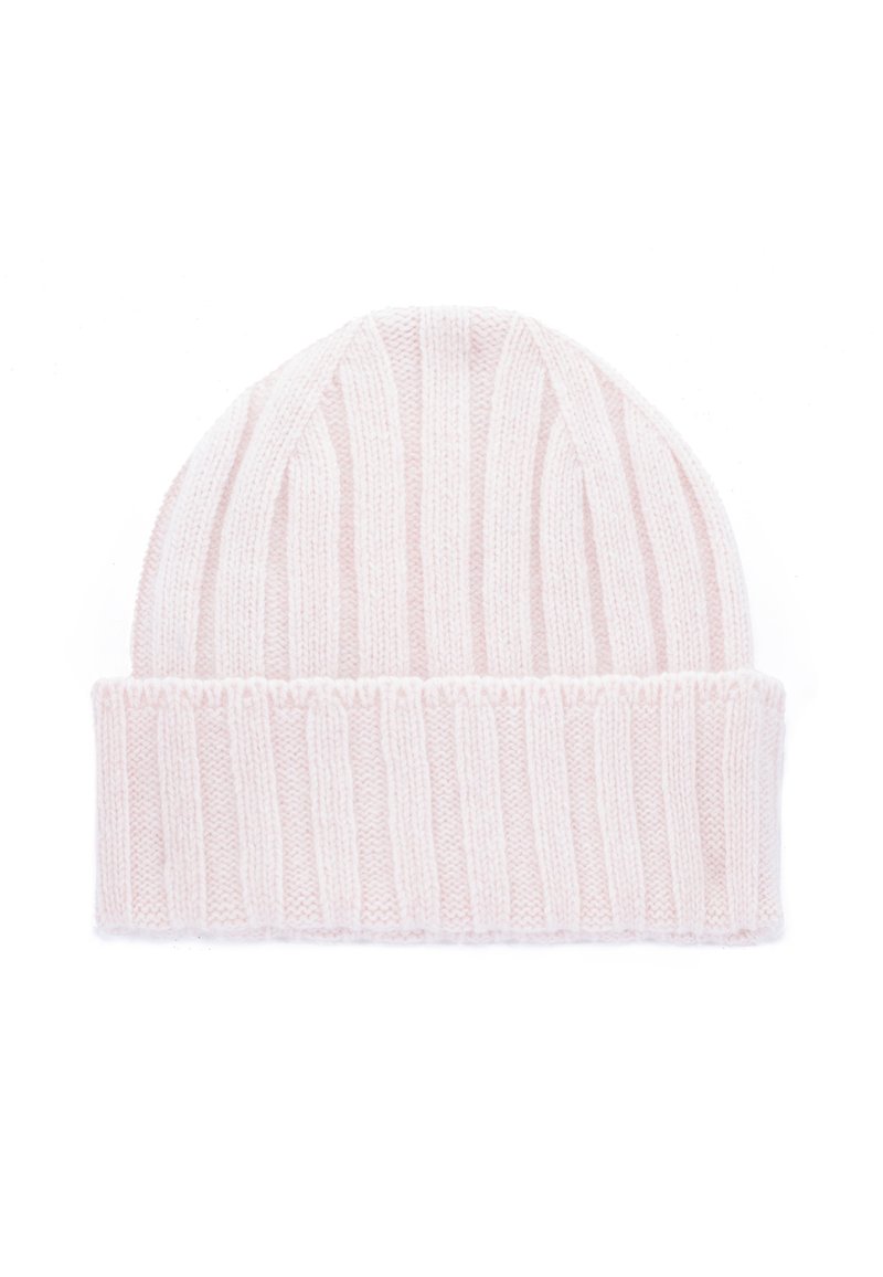 Beanie a maglia rosa chiaro con texture a coste e risvolto. Realizzato in materiale morbido, presenta strisce verticali per un tocco di dettaglio in più.