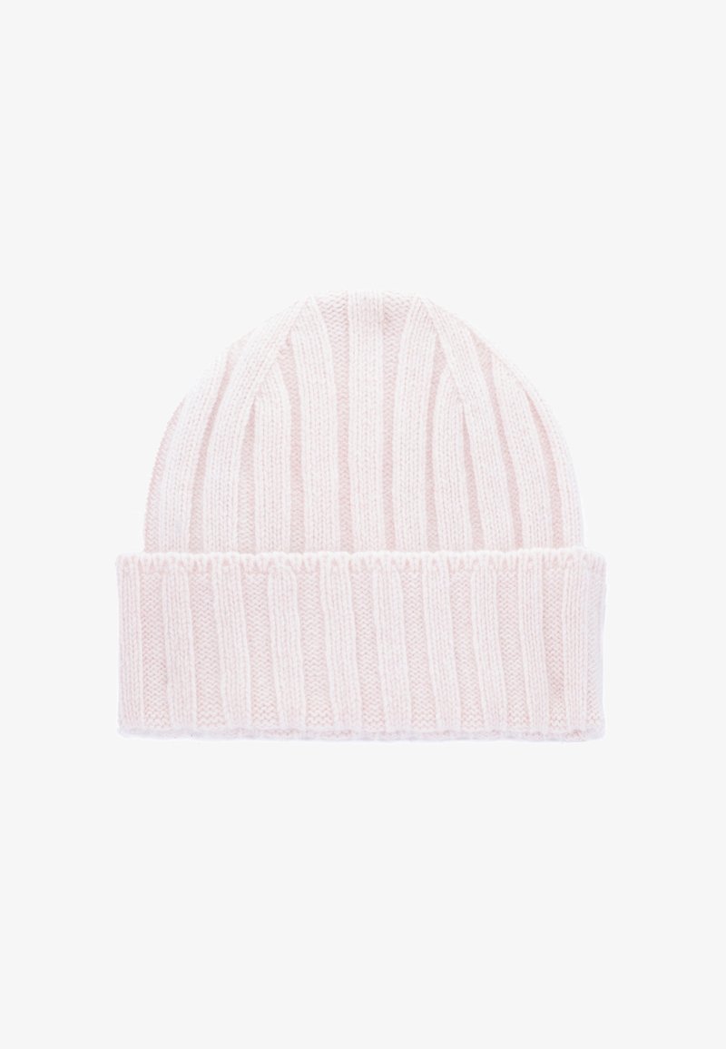 Beanie a maglia rosa chiaro con texture a coste e risvolto. Realizzato in materiale morbido, presenta strisce verticali per un tocco di dettaglio in più.