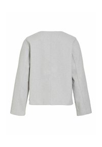 Giacca grigia chiaro a maniche lunghe con orlo dritto e dettagli semplici sulle cuciture, mostrata da dietro su uno sfondo bianco.