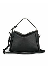 Borsa a tracolla nera in pelle con finitura testurizzata, design angolare e tracolla rimovibile. Presenta un manico superiore strutturato per il trasporto.
