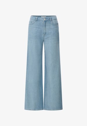 Light blue high-waisted wide-leg jeans with front button and zipper, belt loops, and classic five-pocket design.
