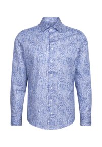 Camicia a maniche lunghe azzurro chiaro con bottoni, decorata con un intricato motivo paisley in tonalità blu più scure su sfondo bianco.