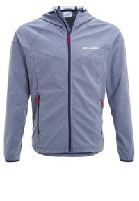 Men's Columbia hooded jacket, gray with navy accents. Features zippered pockets, a full front zipper, and a smooth, textured fabric.