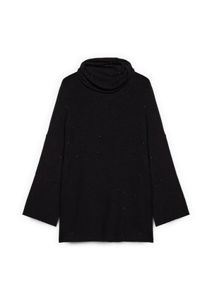 Maglione nero a collo alto in tessuto morbido, con maniche a tre quarti e brillanti argento sparsi sulla parte anteriore.