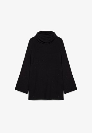 Maglione nero a collo alto in tessuto morbido, con maniche a tre quarti e brillanti argento sparsi sulla parte anteriore.