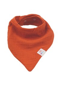 Bavoir en coton orange de style bandana avec une finition texturée, doté de fermetures à pression en métal et d'une petite étiquette avec des icônes colorées.