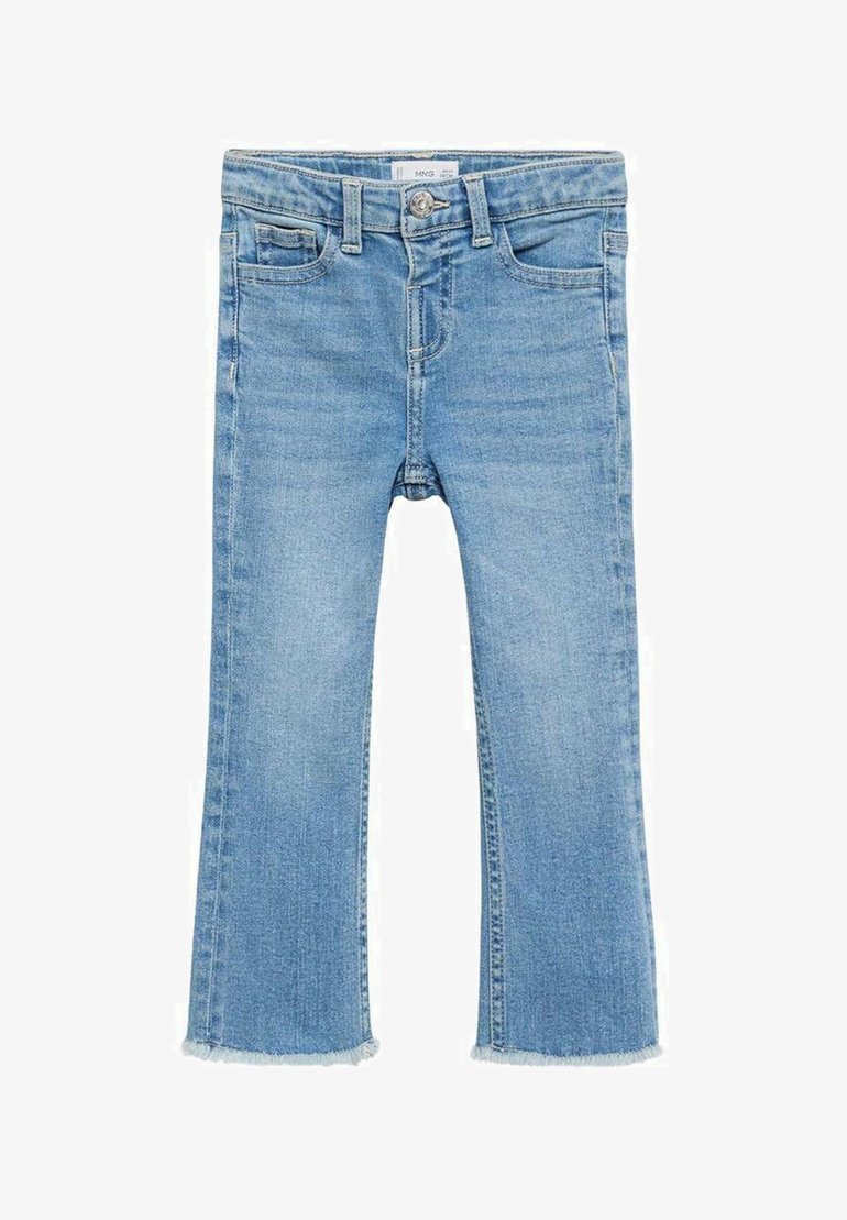 Sveti modri jeans s razširjenim robom, petimi žepi in zapiranjem na gumb. Imajo rahel učinek bledenja in strgan rob pri gležnjih.