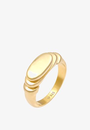 Goldfarbener Ring mit einer glatten, ovalen Oberfläche und drei strukturierten Bändern. Mit '925' gekennzeichnet, was den Silbergehalt angibt.