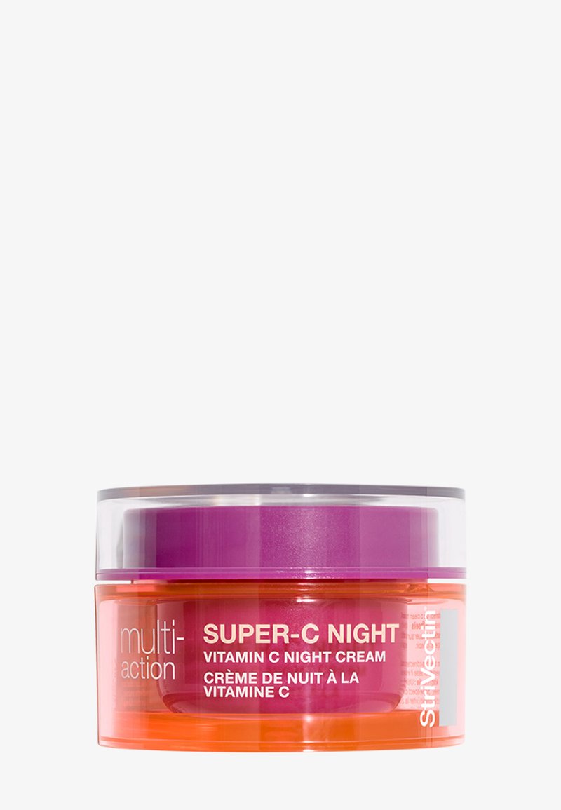 StriVectin Super-C Night Vitamin C Natcreme i glas med orange og lilla emballage, mærket multi-action, mod en hvid baggrund.