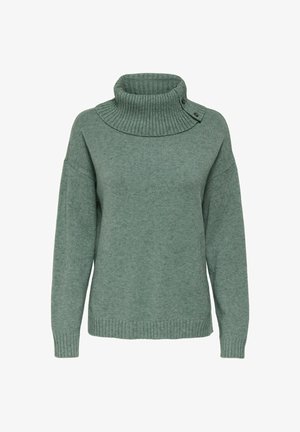 Grön sweater med hög ribbad krage och knappp detaljer, med en mjuk textur och avslappnad passform. Ribbad manschetter och nederkant.