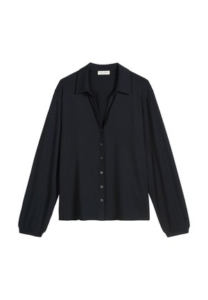 Dunkelblaues Langarmshirt mit Kragen, Knopfleiste und weichem Stoff. Verfügt über leicht gepuffte Ärmel und einen entspannten Schnitt.