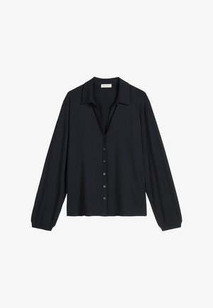 Dunkelblaues Langarmshirt mit Kragen, Knopfleiste und weichem Stoff. Verfügt über leicht gepuffte Ärmel und einen entspannten Schnitt.