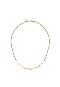 Collana in tono dorato con design a catena attorcigliata, arricchita da accenti curvi lisci e una sezione centrale di piccole gemme trasparenti.