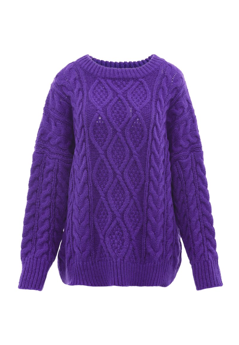 Maglione viola a treccia con scollatura rotonda, maniche lunghe e schemi testurizzati. Realizzato in morbido filato spesso per garantire calore.