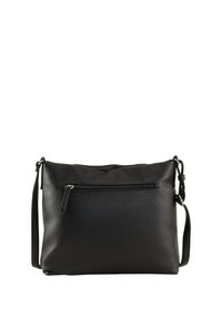 Borsa a tracolla in pelle nera con superficie texture, chiusura superiore con zip e tracolla regolabile; presenta una tasca con zip sul davanti.