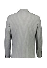 Grauer Nadelstreifen-Blazer mit Reverskragen, zwei frontalen Taschen und geknöpften Manschetten. Hergestellt aus einem glatten Stoff mit taillierter Passform.