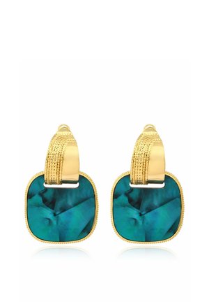 Boucles d'oreilles en or avec des fermoirs texturés tenant des pierres marbrées bleu-vert arrondies en forme de carré encadrées d'or.