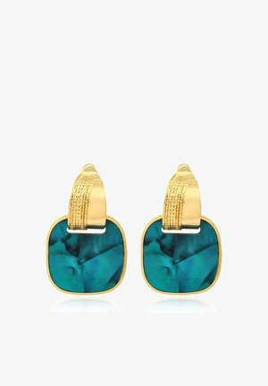 Boucles d'oreilles en or avec des fermoirs texturés tenant des pierres marbrées bleu-vert arrondies en forme de carré encadrées d'or.