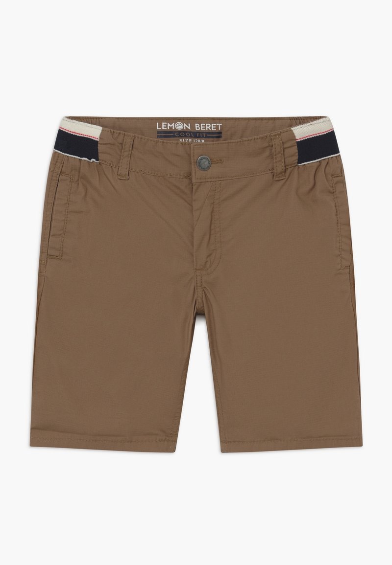 Shorts marron longueur genou avec poches latérales, fermeture par bouton, et ceinture élastique ornée d'une bordure rayée bleu marine, blanc et rouge.