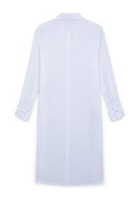 Camicia bianca a maniche lunghe realizzata in tessuto leggero, con colletto e polsini abbottonati, caratterizzata da un design minimalista e una linea d'orlo dritta.