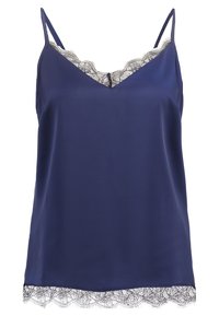Camisole en satin bleu marine avec bretelles réglables, présentant un col en V orné de dentelle et un ourlet en dentelle en bas. Texture lisse sur toute la surface.