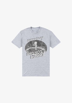 Szara koszulka z grafiką retro Betty Boop stojącej otoczonej płomieniami, podpisana "Betty Boop w Red Hot Mamma."