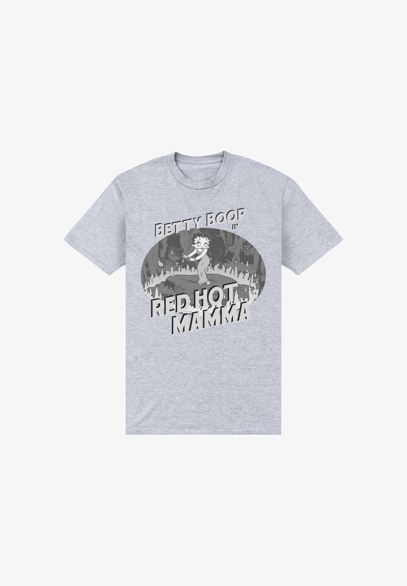 Šedé tričko s vintage grafikou Betty Boop obklopené plameny, s nápisem "Betty Boop in Red Hot Mamma."