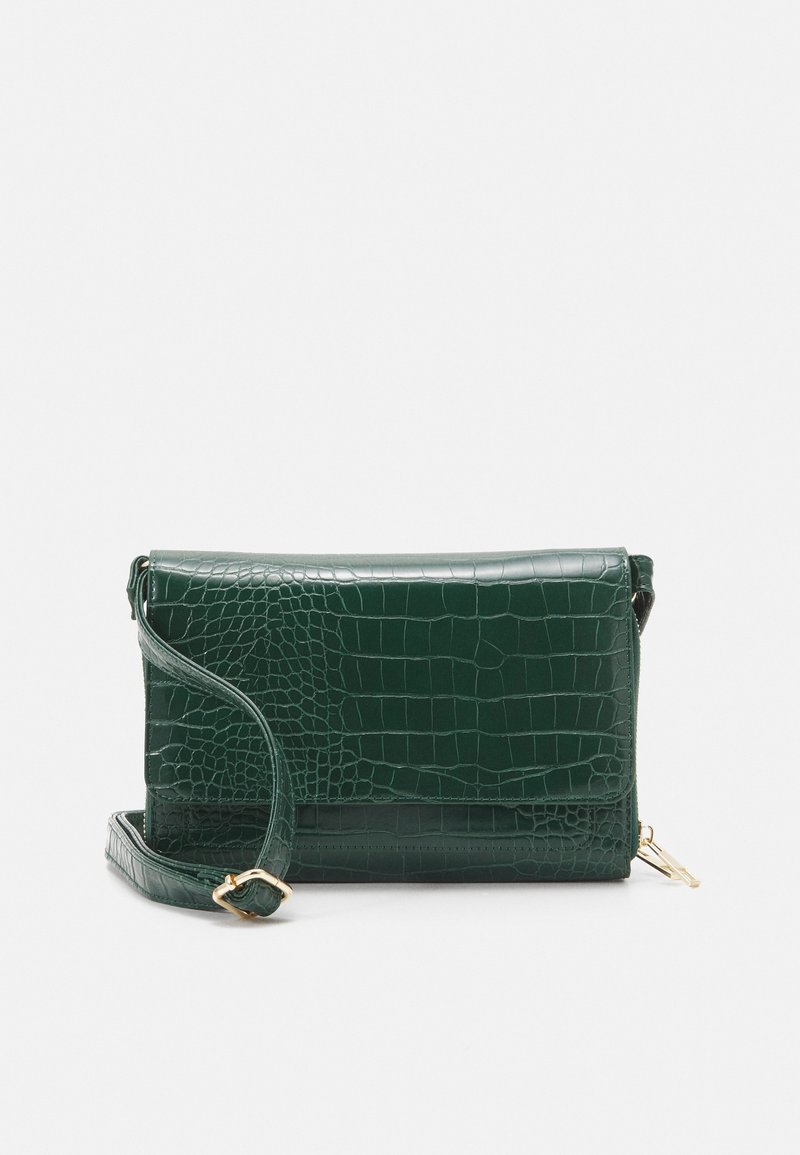 Borsa a tracolla verde con motivo a coccodrillo, dal design strutturato, con tracolla removibile e accenti in hardware dorato.