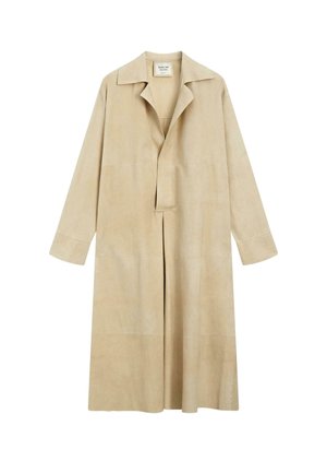 Beige long suede coat with wide collar, concealed front placket, and long sleeves, displayed flat on white background.