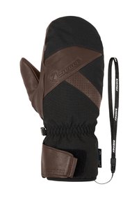 Braune und schwarze wasserdichte Fäustlinge mit Lederakzenten, elastischem Bündchen und verstellbarem Handgelenkriemen. Die Lederoberfläche hat ein strukturiertes Muster.