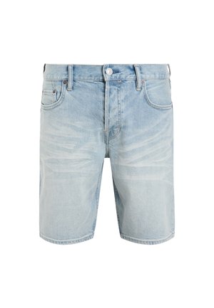 Light blue denim shorts with a straight cut, five pockets, and a slightly faded finish. Features a metal button and belt loops.