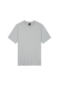 Lichtgrijze katoenen t-shirt met korte mouwen en een ronde hals. Bevat kleine "TOMORROW" tekst in lichtblauw over de borst.