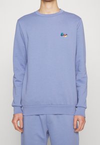 Felpa azzurro chiaro in morbido tessuto, con scollatura tonda e polsini a coste, decorata con un logo ricamato multicolore sul petto.