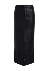Gonna maxi nera in pelle con vita aderente, zip frontale e dettaglio con spacco laterale. Texture liscia con classico design a cinque tasche.