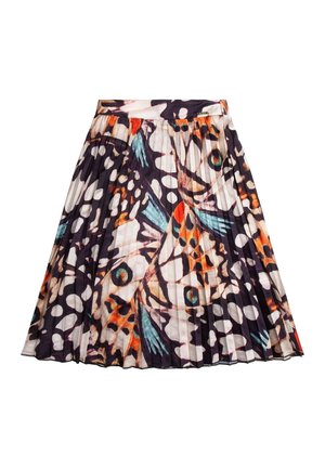 Jupe plissée avec motif d'ailes de papillon colorées en noir, blanc, orange, turquoise et beige, dotée d'une ceinture ajustée.