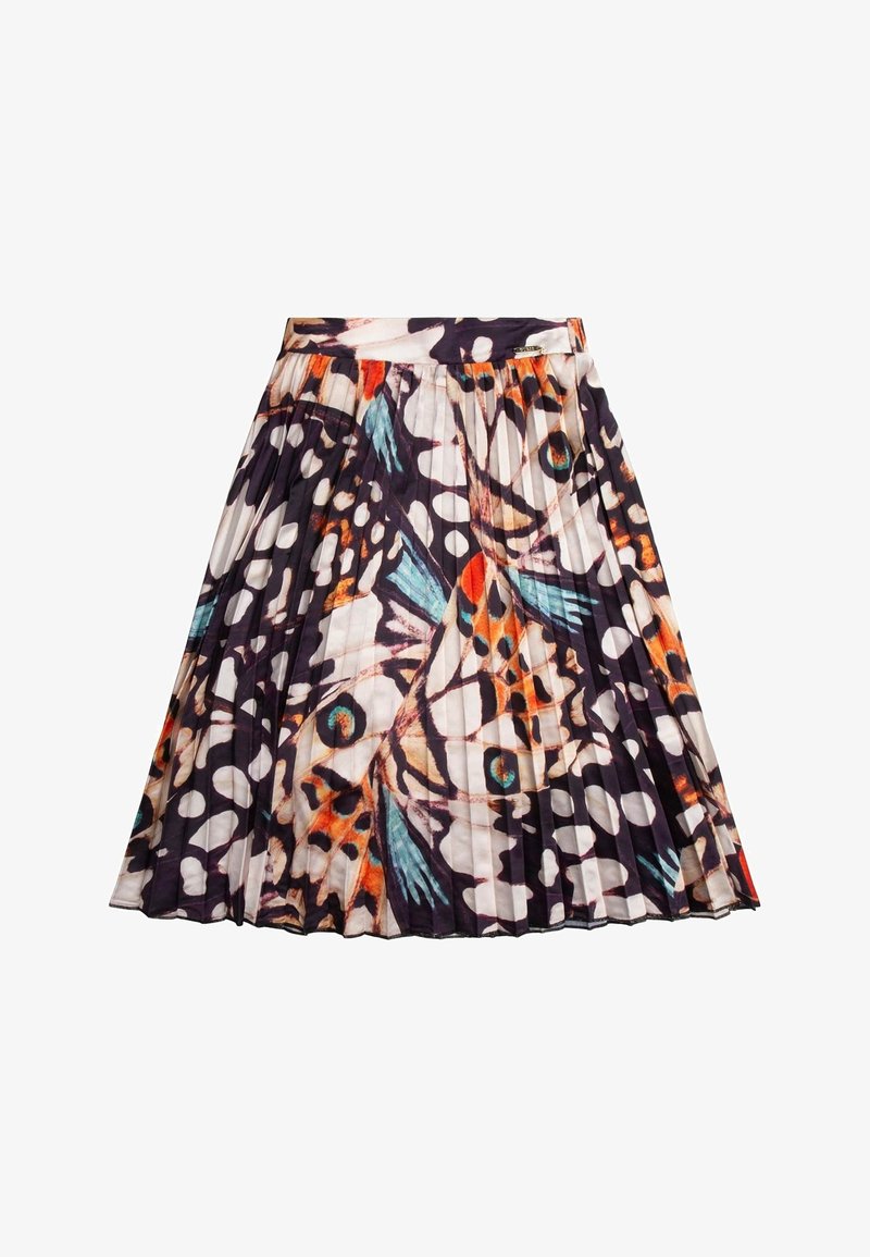 Jupe plissée avec motif d'ailes de papillon colorées en noir, blanc, orange, turquoise et beige, dotée d'une ceinture ajustée.