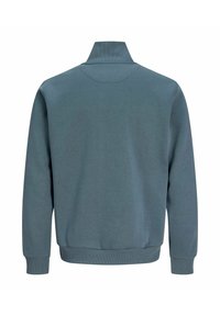 Mėlynos ir pilkos spalvos ilgarankovė džemperis su ribuotu rankogaliu, juosmeniu ir aukštu apykakliu, parodytas iš nugaros ant balto fono.