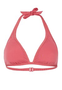 Triangolo bikini top in rosa corallo, realizzato in tessuto morbido. Presenta una chiusura al collo a nodo e un gancio sul retro per la regolazione.